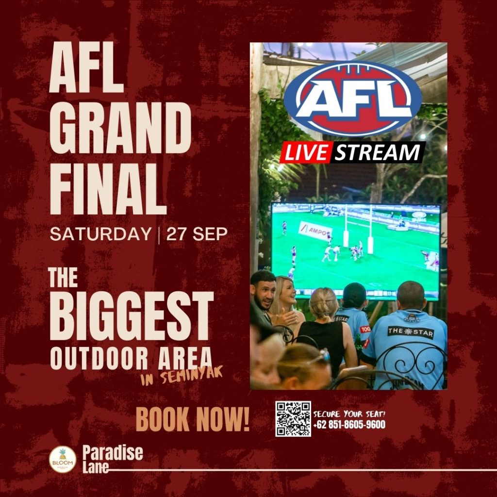 AFL Grand Final 2025 – Live at Paradise Lane Seminyak Looking for the best place to watch the AFL Grand Final in Bali? Paradise Lane in Seminyak is your go-to destination! On Saturday, 27 September 2025, we’ll be showing the AFL Grand Final live stream on the biggest outdoor screen in Seminyak, creating the ultimate game-day atmosphere. Gather your friends and cheer for your team while enjoying: Ice-cold beers and refreshing cocktails 🍻 Delicious food and sharing plates 🍴 A vibrant outdoor setting perfect for sports fans 🌴 Whether you’re a local footy fan or visiting Bali during the finals, Paradise Lane is the top sports bar in Seminyak to watch AFL. Our outdoor space brings the energy of the stadium right to Bali’s nightlife hub. 📅 Date: Saturday, 27 September 2025 📍 Location: Paradise Lane, Seminyak – Bali’s best spot for AFL Grand Final live streaming ⚡ Book your seat now to secure the best view of the action! 👉 WhatsApp Reservations: +62 851-8605-9600